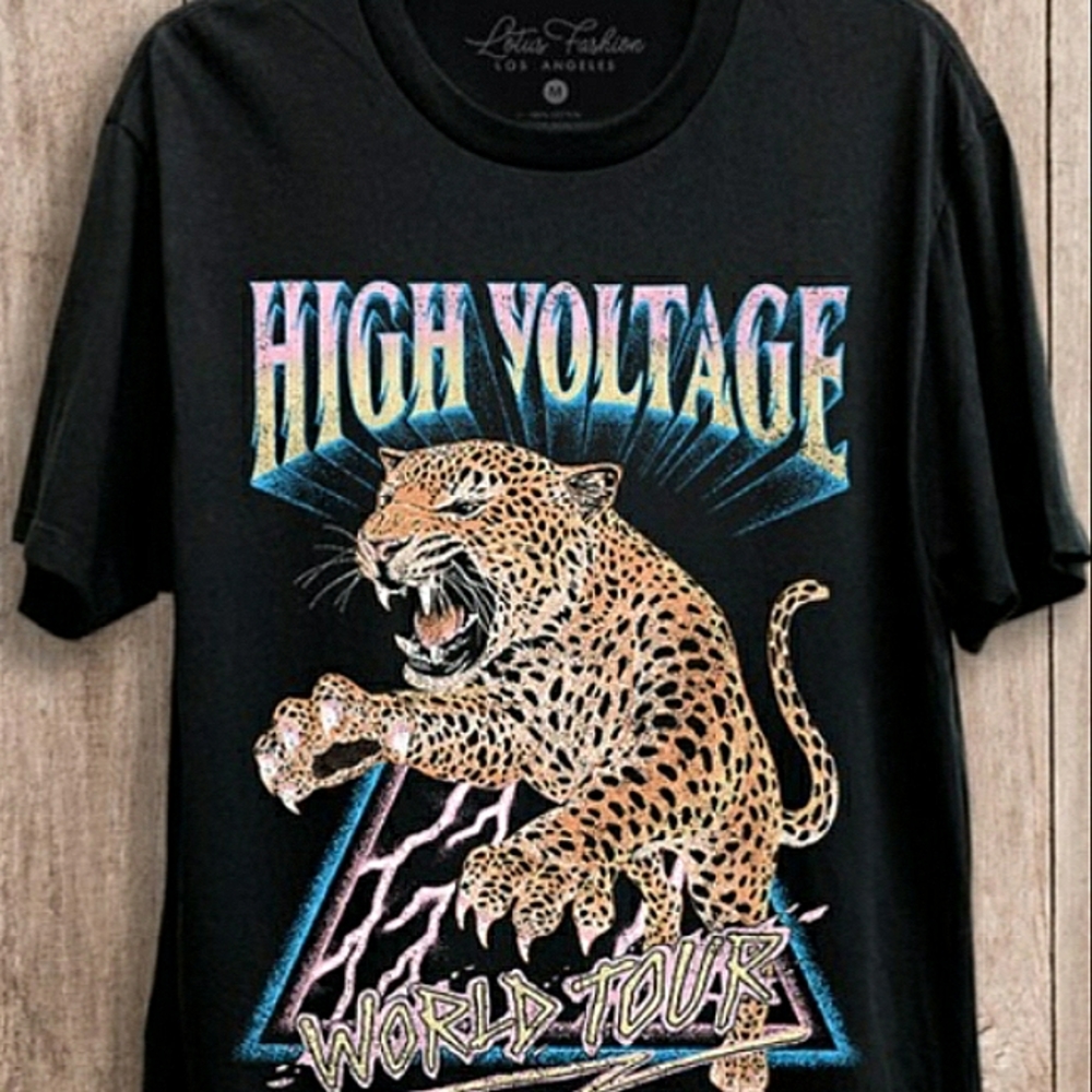HIGH VOLTAGE Vintage Black Graphic T-shirt Tee S M L XL